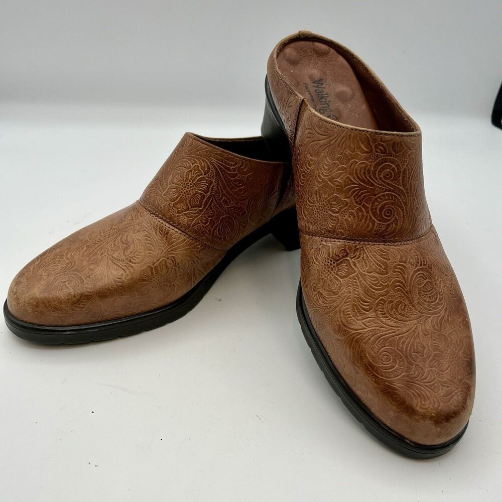 Women's Walking Cradles Caden Western‎ Embossed Brown Leather Mules/Clogs  Sz 8